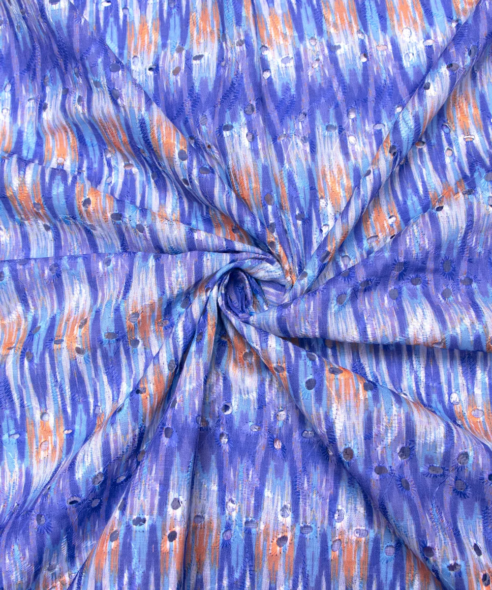 Blue Color Abstract Digital Print Cotton ChikanKari Embroidery Fabric