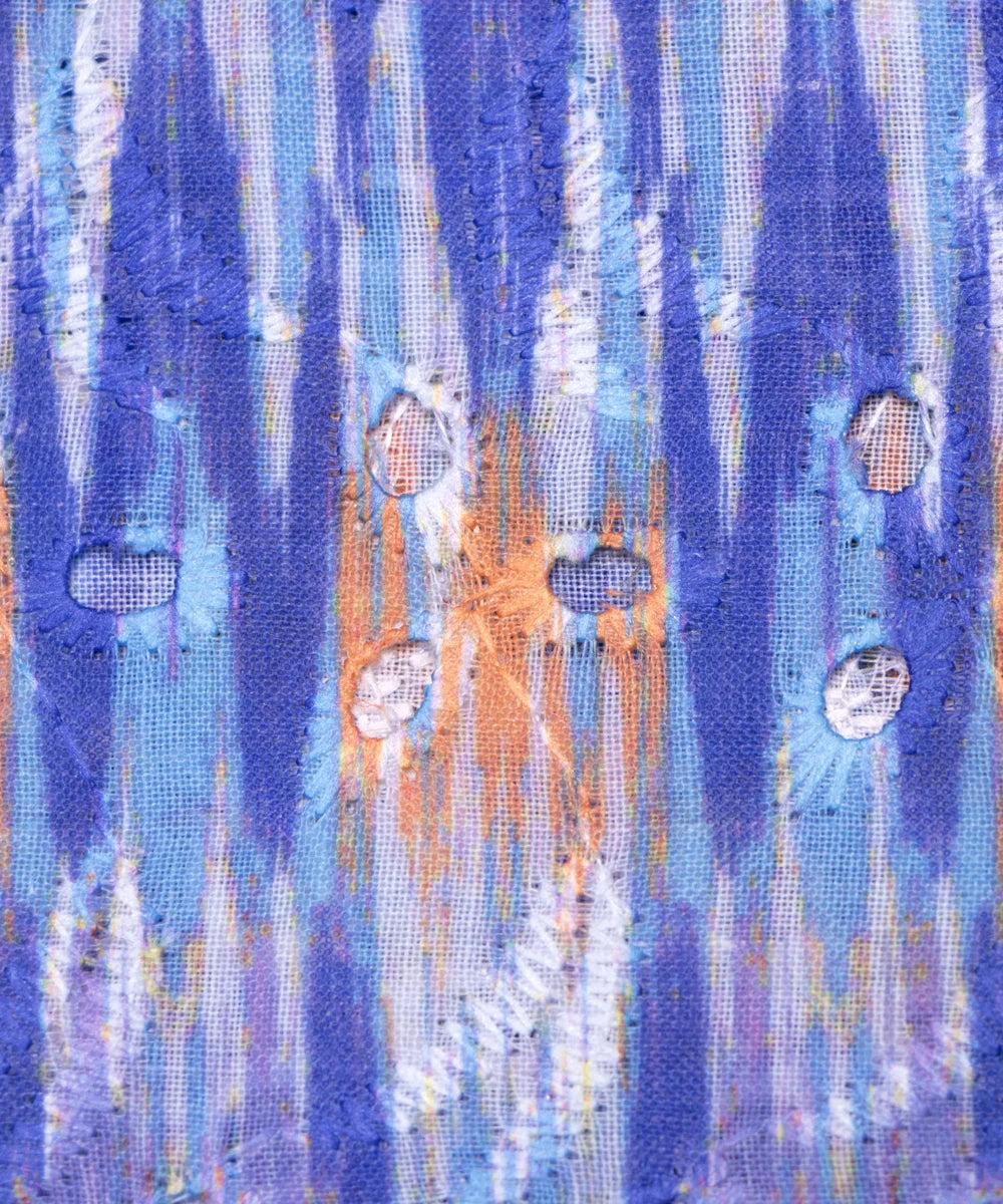 Blue Color Abstract Digital Print Cotton ChikanKari Embroidery Fabric
