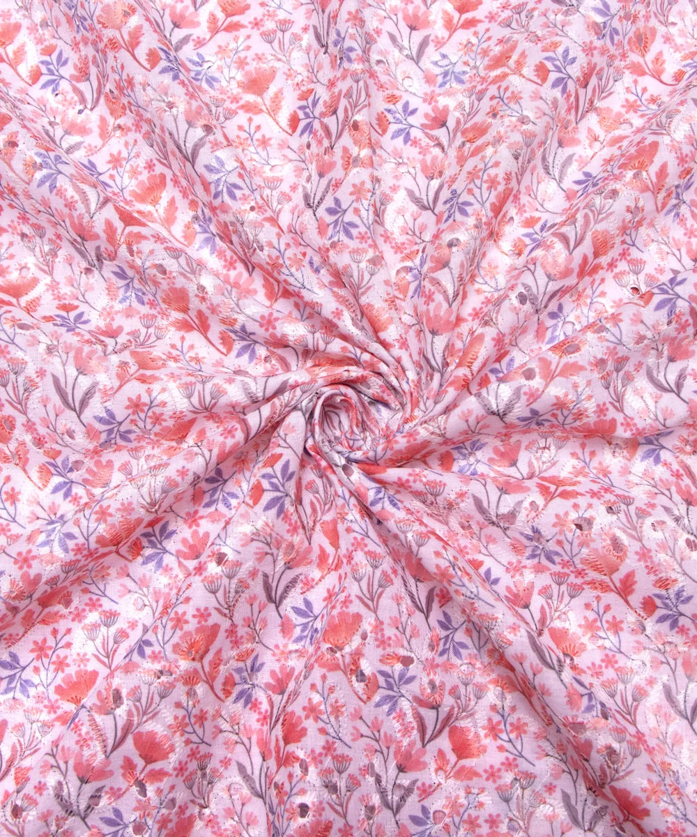 White Color Floral Digital Printed Cotton ChikanKari Embroidery Fabric