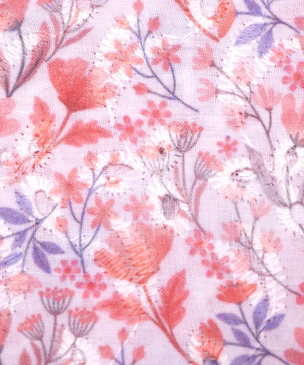 White Color Floral Digital Printed Cotton ChikanKari Embroidery Fabric