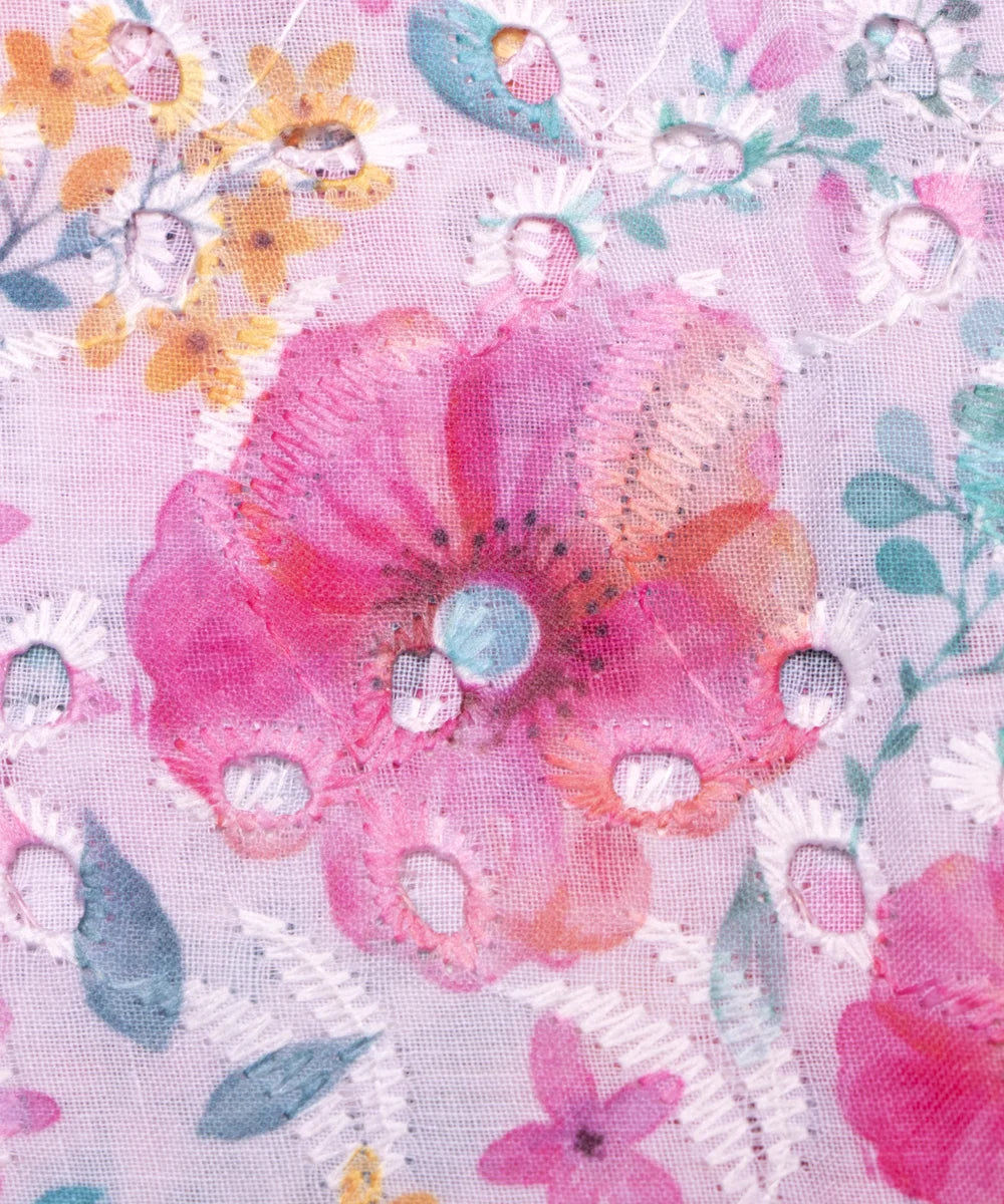 White Color Floral Digital Print Cotton ChikanKari Embroidery Fabric