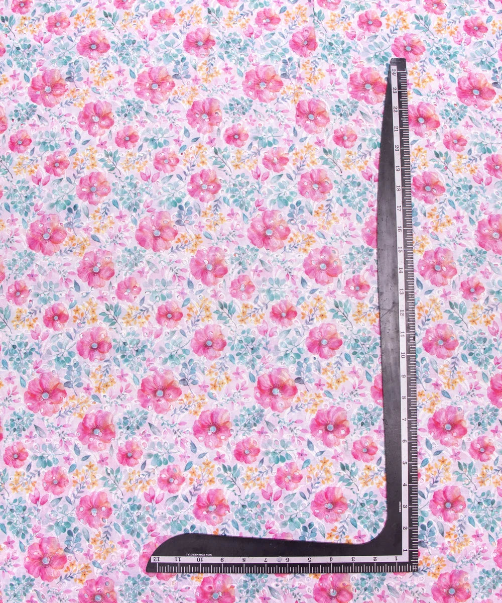 White Color Floral Digital Print Cotton ChikanKari Embroidery Fabric