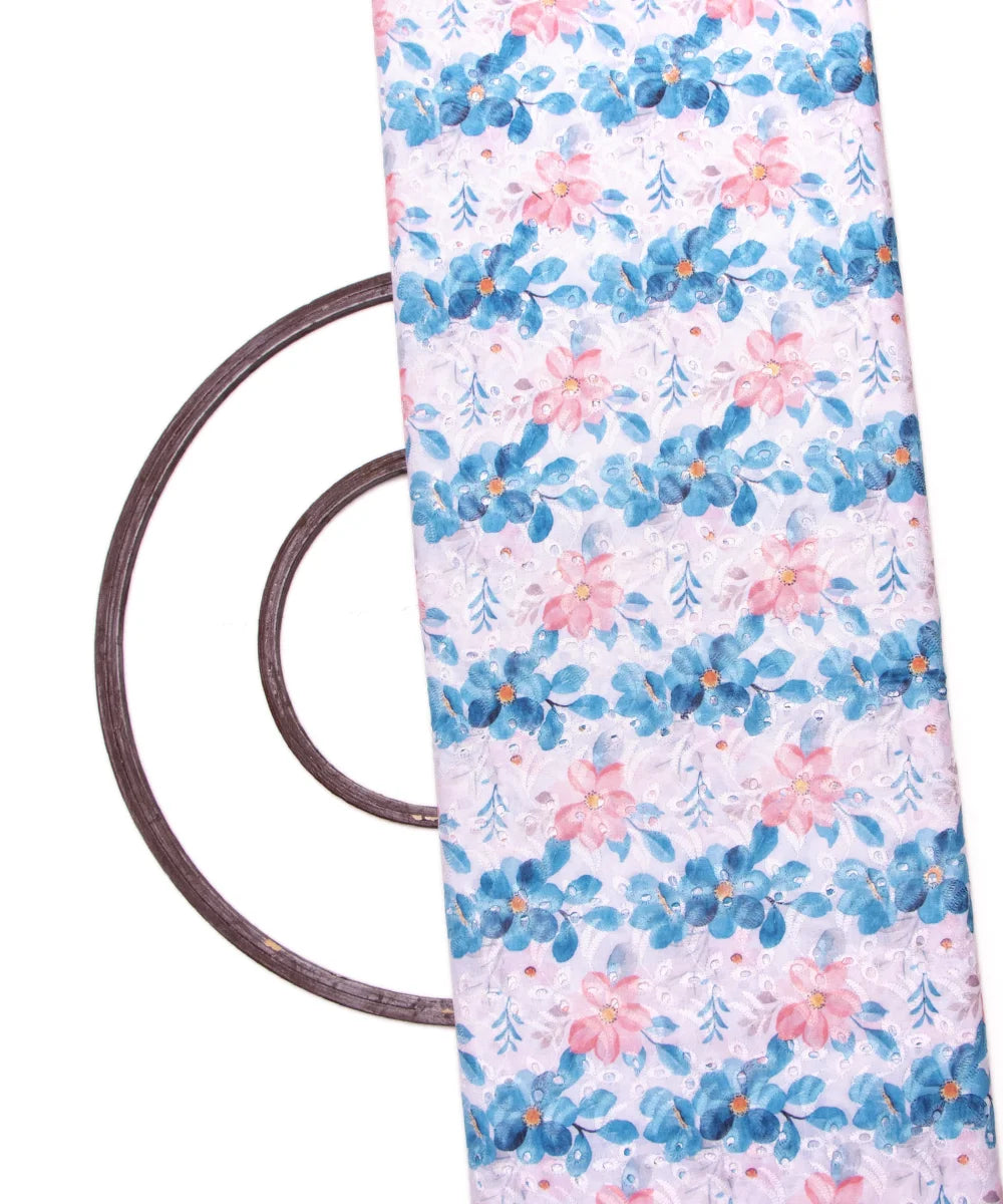 White Color Floral Digital Printed Cotton ChikanKari Embroidery Fabric