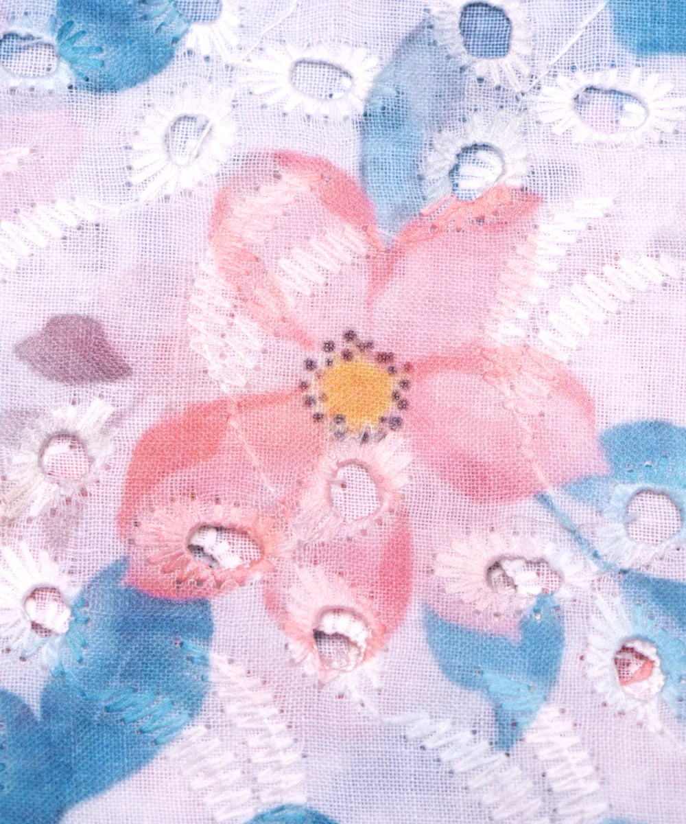 White Color Floral Digital Printed Cotton ChikanKari Embroidery Fabric
