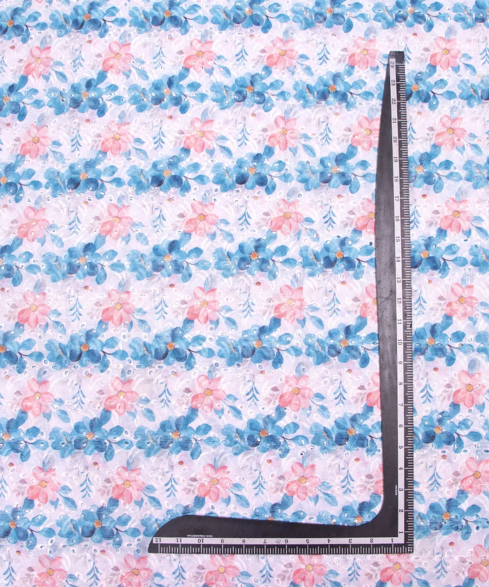 White Color Floral Digital Printed Cotton ChikanKari Embroidery Fabric