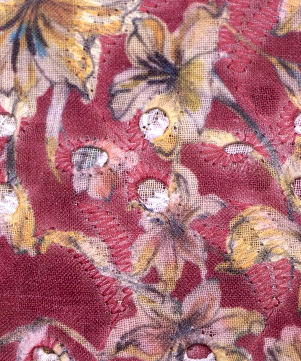 Lilac Color Floral Digital Print Cotton ChikanKari Embroidery Fabric