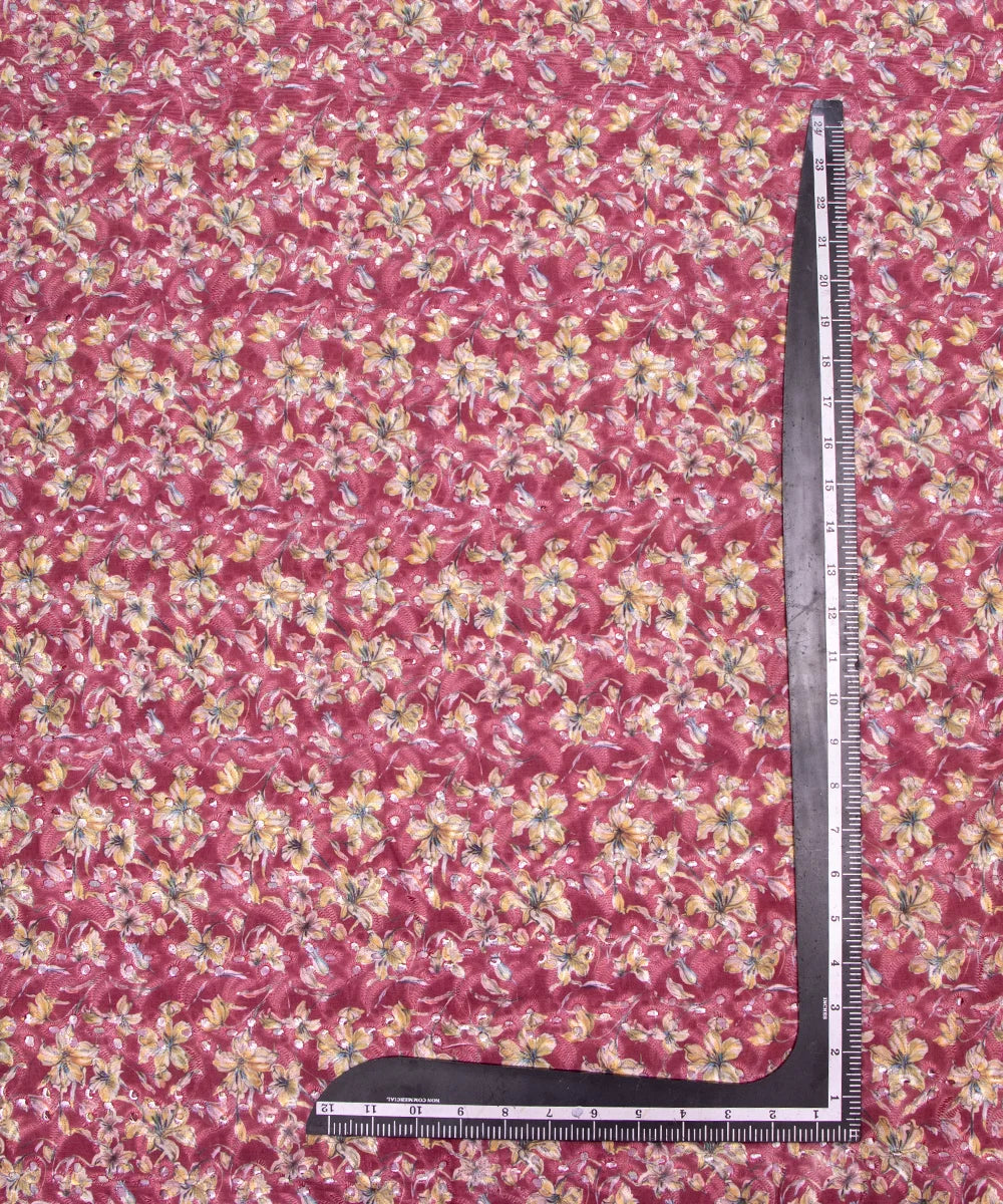 Lilac Color Floral Digital Print Cotton ChikanKari Embroidery Fabric