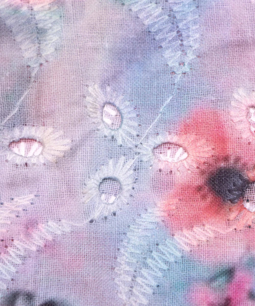 White Color Floral Digital Printed Cotton ChikanKari Embroidery Fabric