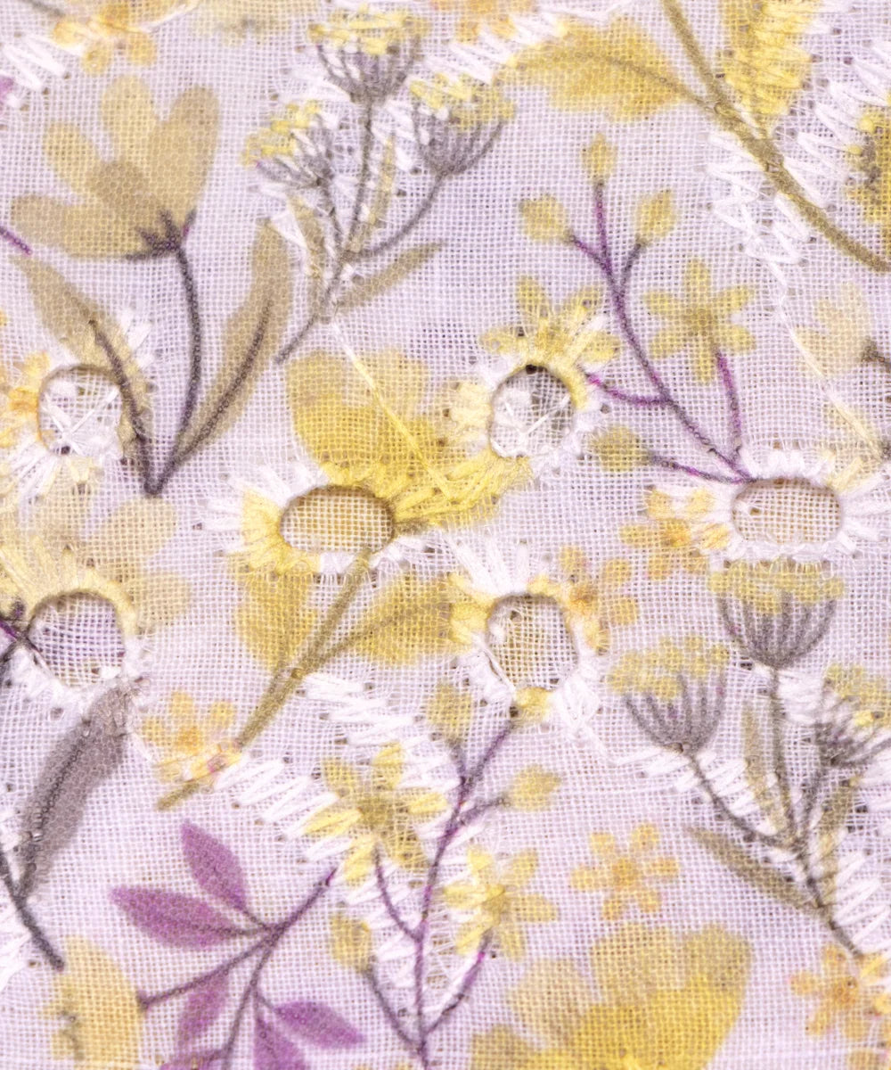 Off White Color Floral Digital Printed Cotton ChikanKari Embroidery Fabric