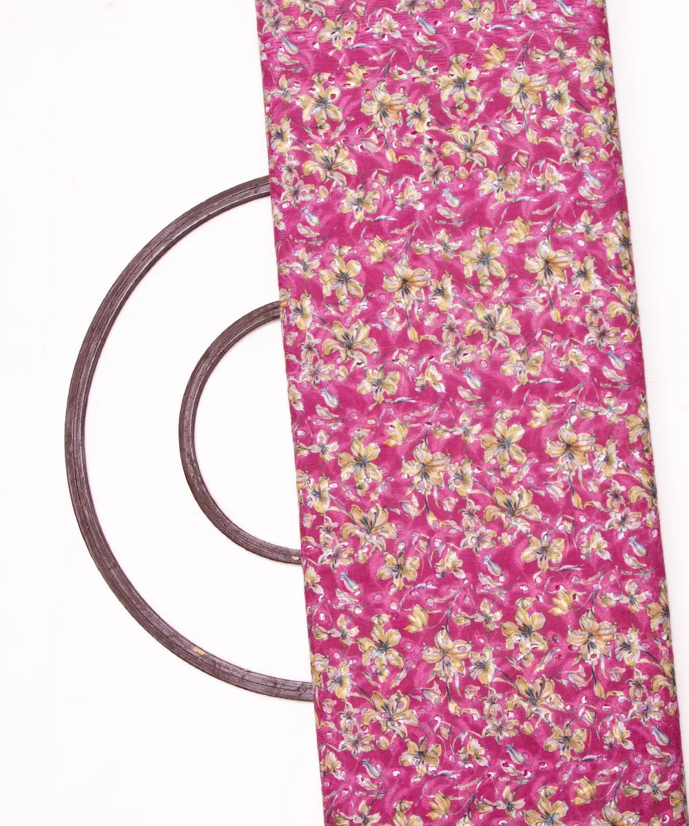 Pink Color Floral Digital Printed Cotton ChikanKari Embroidery Fabric