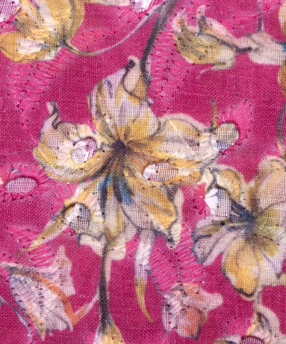 Pink Color Floral Digital Printed Cotton ChikanKari Embroidery Fabric