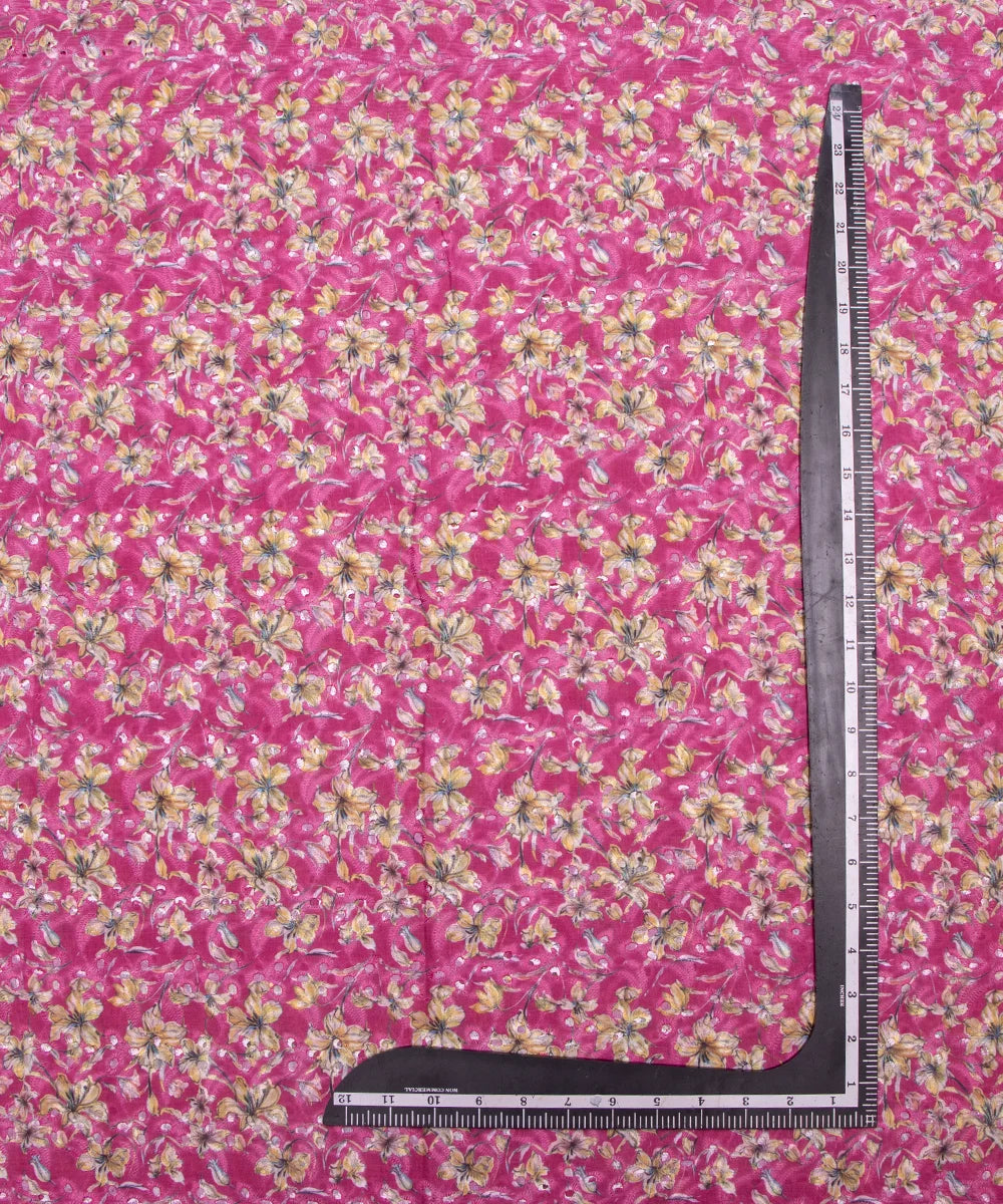 Pink Color Floral Digital Printed Cotton ChikanKari Embroidery Fabric