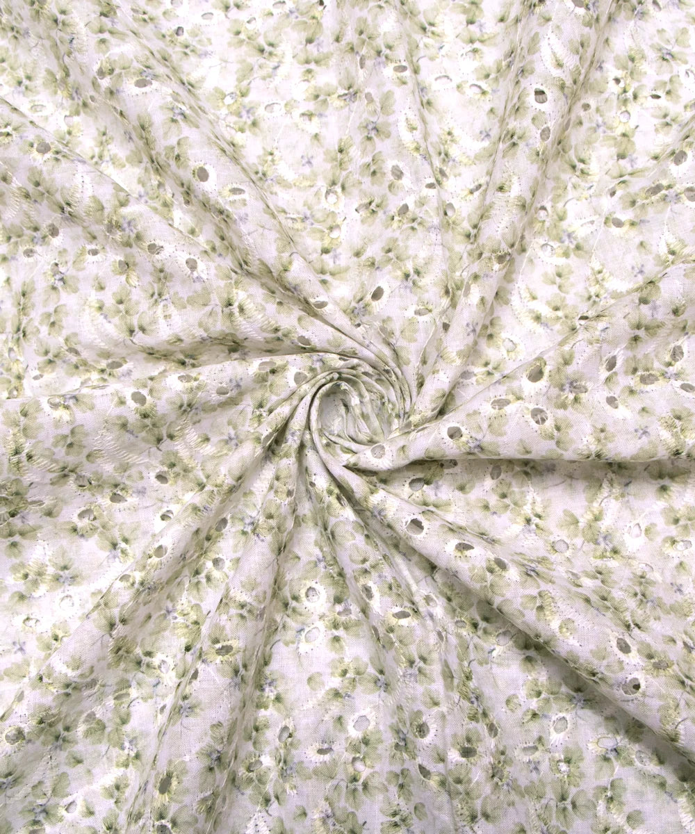 Light Green Color Floral Digital Printed Cotton ChikanKari Embroidery Fabric