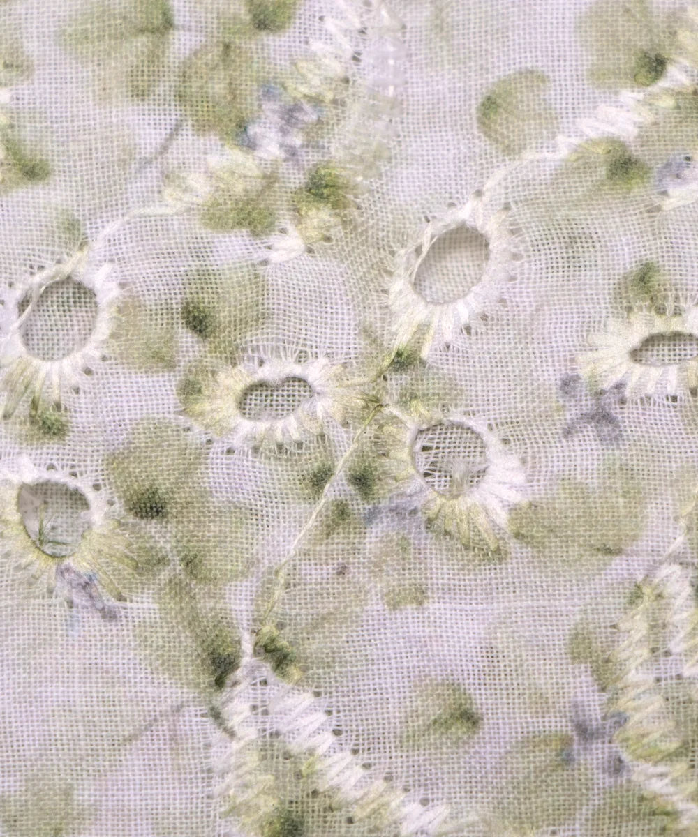 Light Green Color Floral Digital Printed Cotton ChikanKari Embroidery Fabric