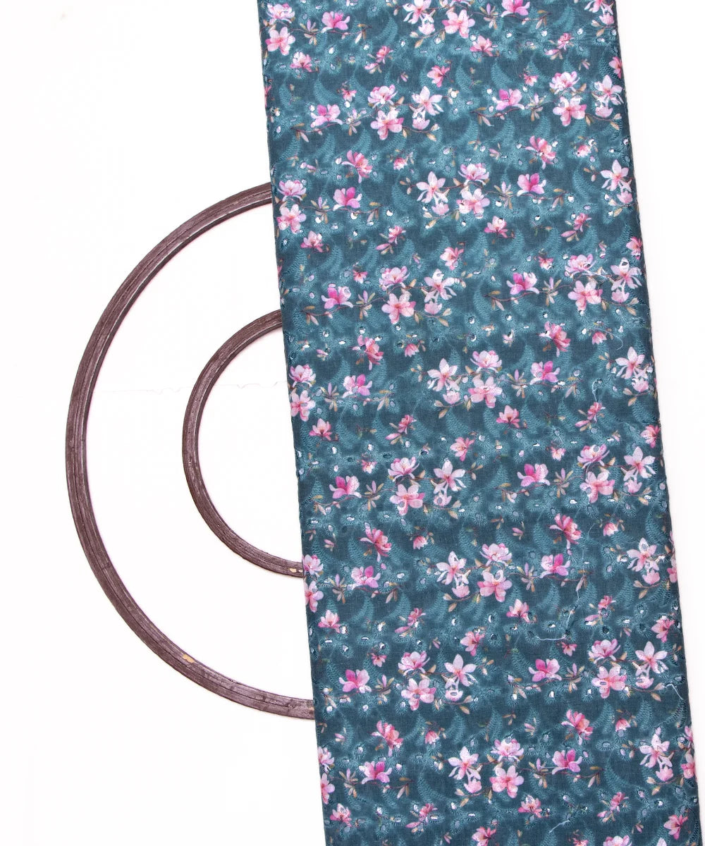 Blue Color Floral Digital Printed Cotton ChikanKari Embroidery Fabric