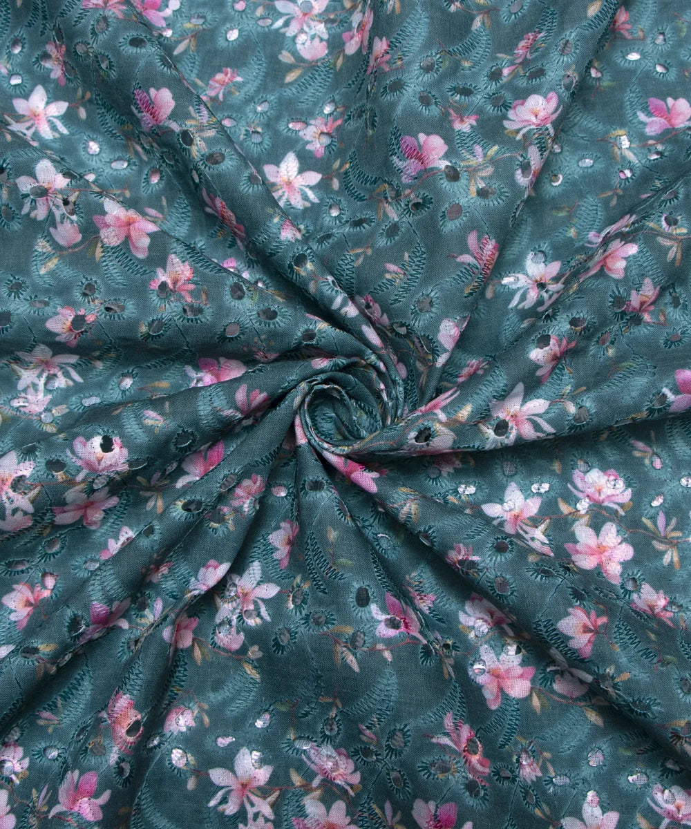 Blue Color Floral Digital Printed Cotton ChikanKari Embroidery Fabric