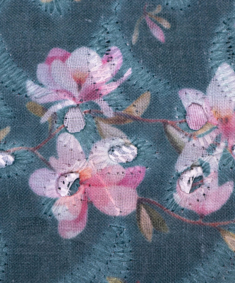 Blue Color Floral Digital Printed Cotton ChikanKari Embroidery Fabric