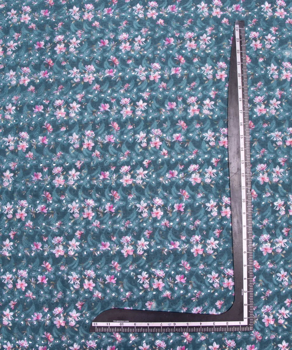 Blue Color Floral Digital Printed Cotton ChikanKari Embroidery Fabric