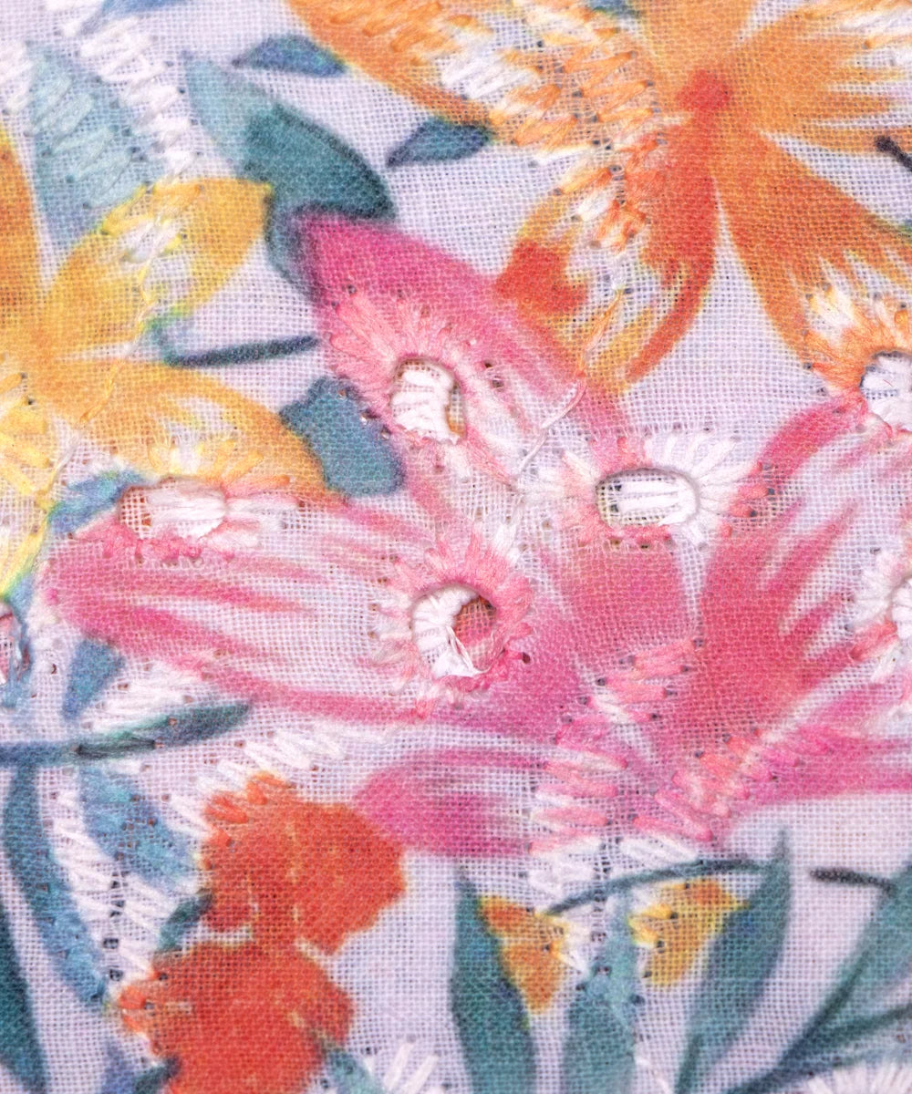 White Color Floral Digital Printed Cotton ChikanKari Embroidery Fabric