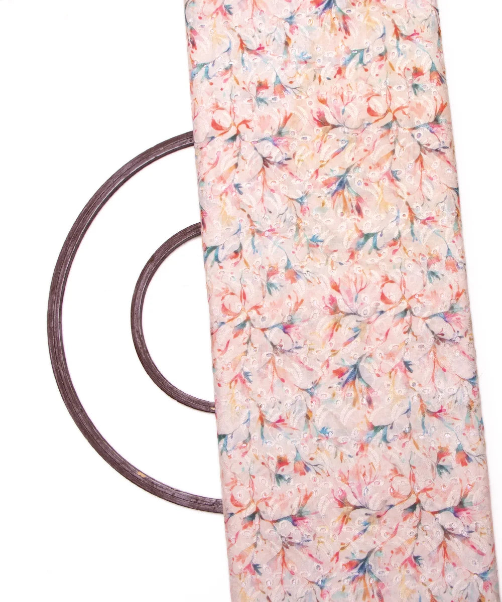 White Color Floral Digital Printed Cotton ChikanKari Embroidery Fabric