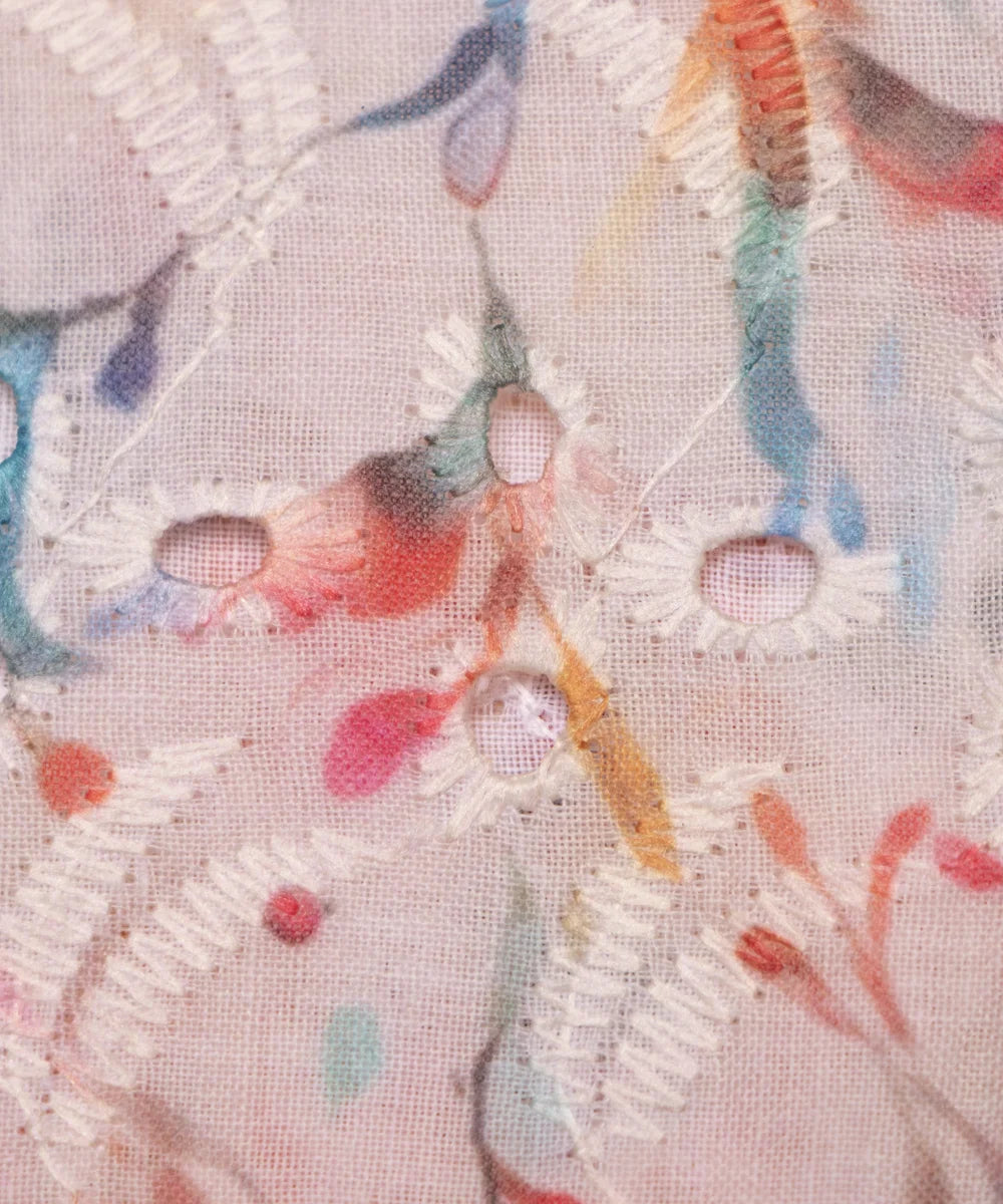 White Color Floral Digital Printed Cotton ChikanKari Embroidery Fabric