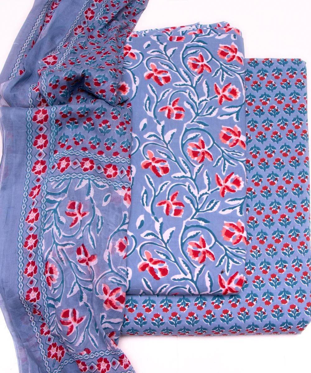 Blue Color Floral Print 3 Piece Cotton Suit Set