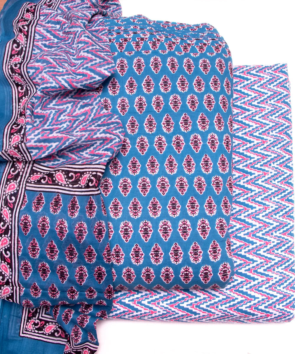 Dark Blue Color Floral Print 3 Piece Cotton Suit Set