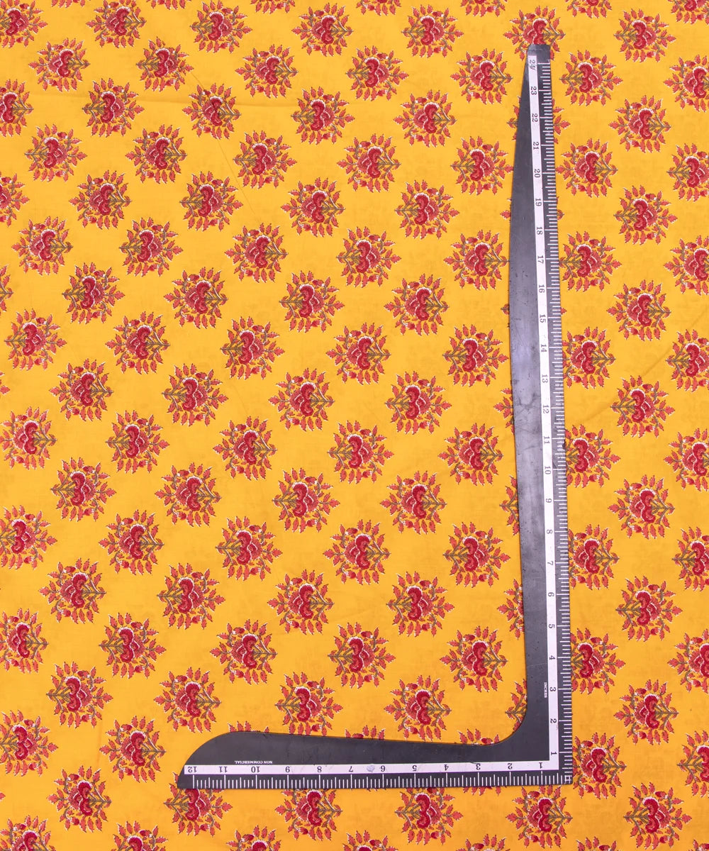 Yellow Floral Screen Printed Cotton Fabric