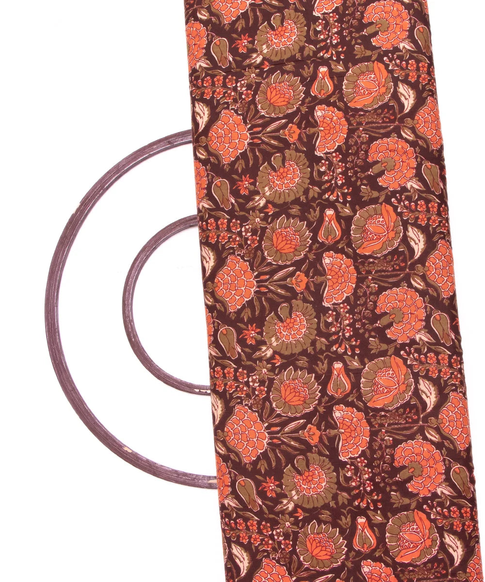Brown Floarl Screen Printed Cotton Fabric
