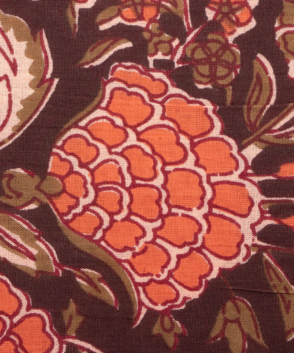 Brown Floarl Screen Printed Cotton Fabric