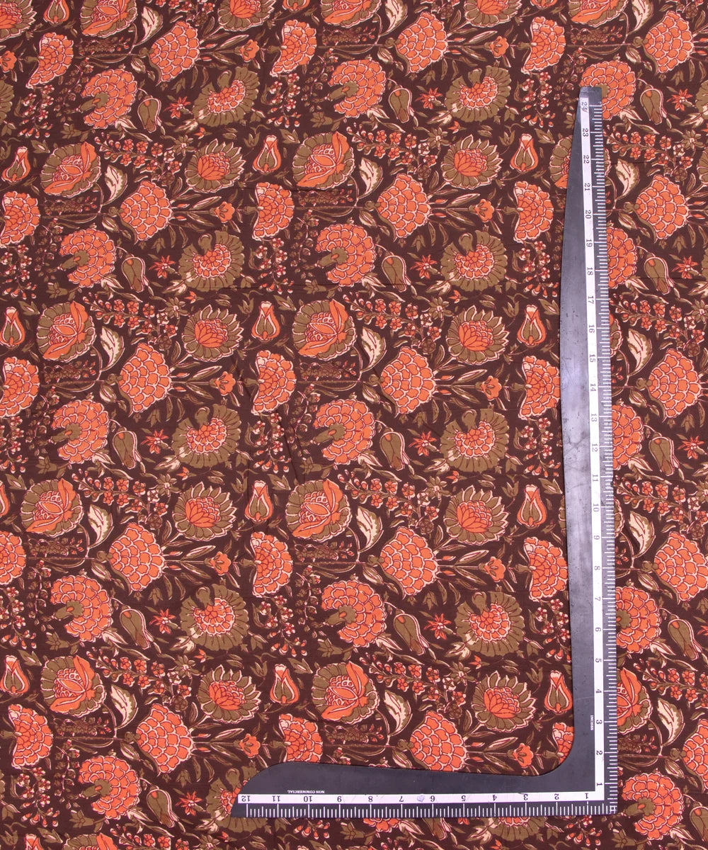 Brown Floarl Screen Printed Cotton Fabric