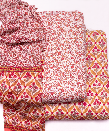 Off White Color Floral Print Cotton Unstitched Suit Pieces