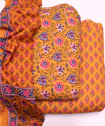 Mustard Yellow Color Floral Print Cotton Unstitched Suit Pieces