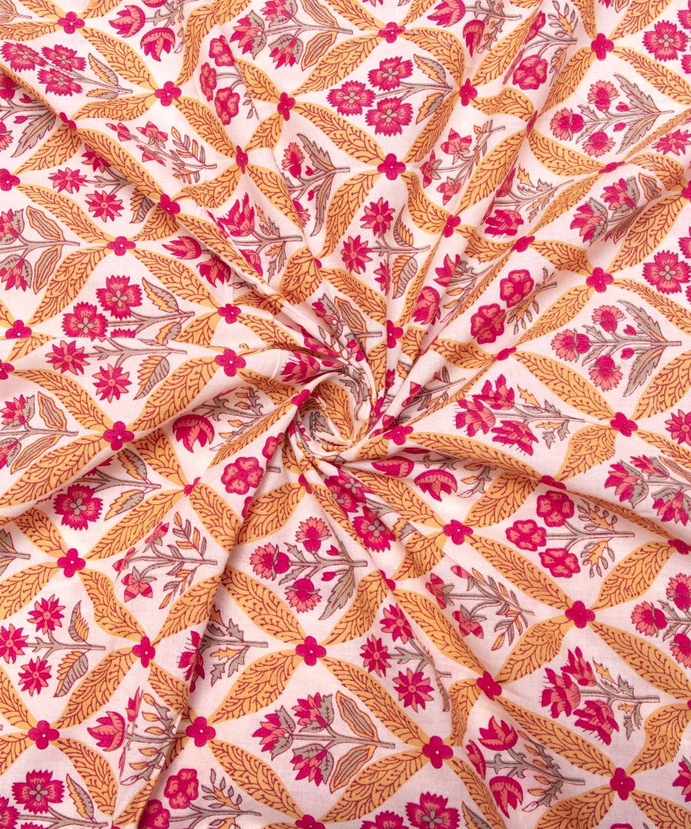 Off White Screen Print Floral Printed Cotton Fabric