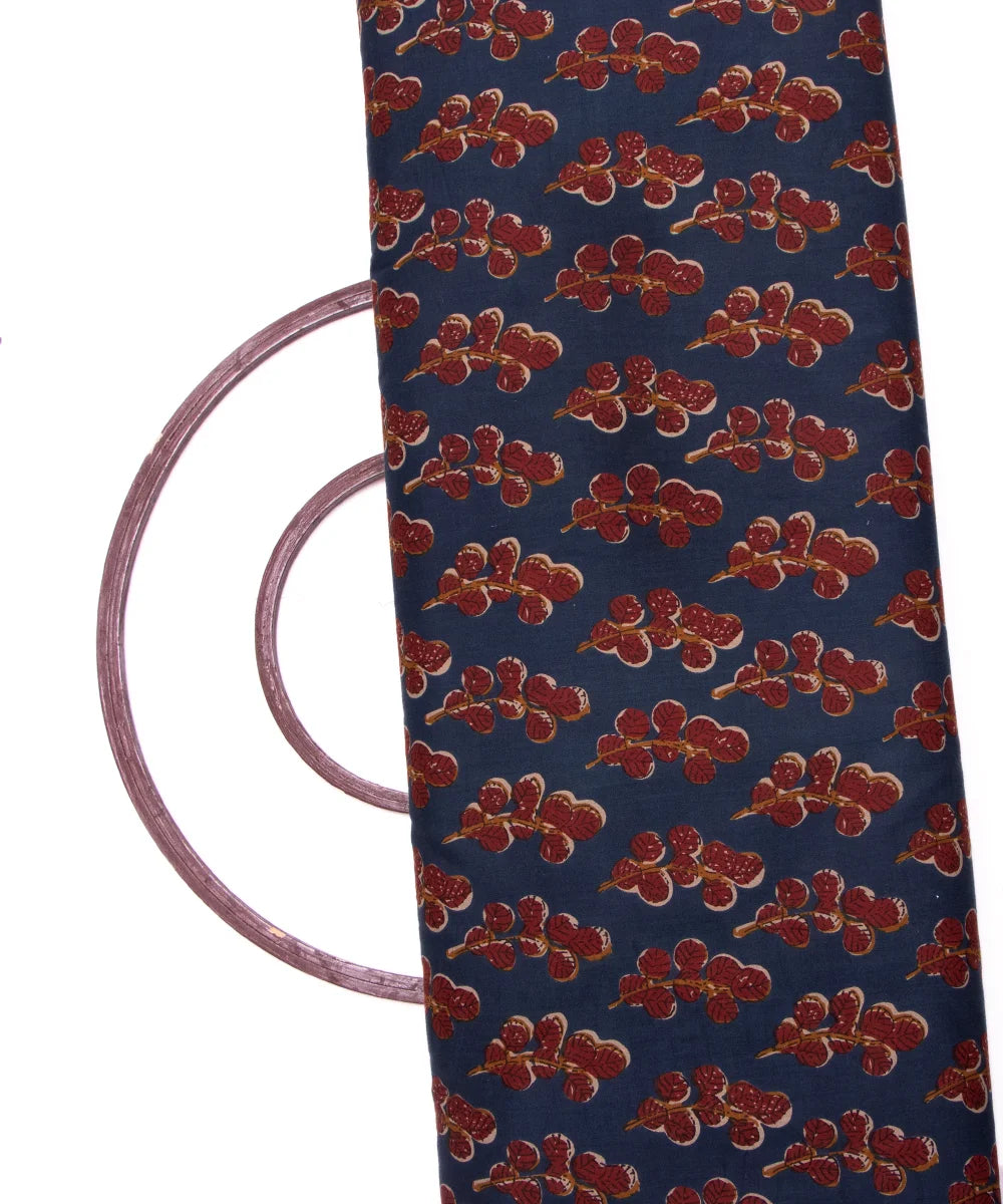 Dark Teal Blue Screen Print Floral Printed Cotton Fabric