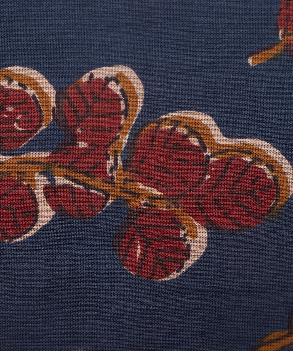 Dark Teal Blue Screen Print Floral Printed Cotton Fabric