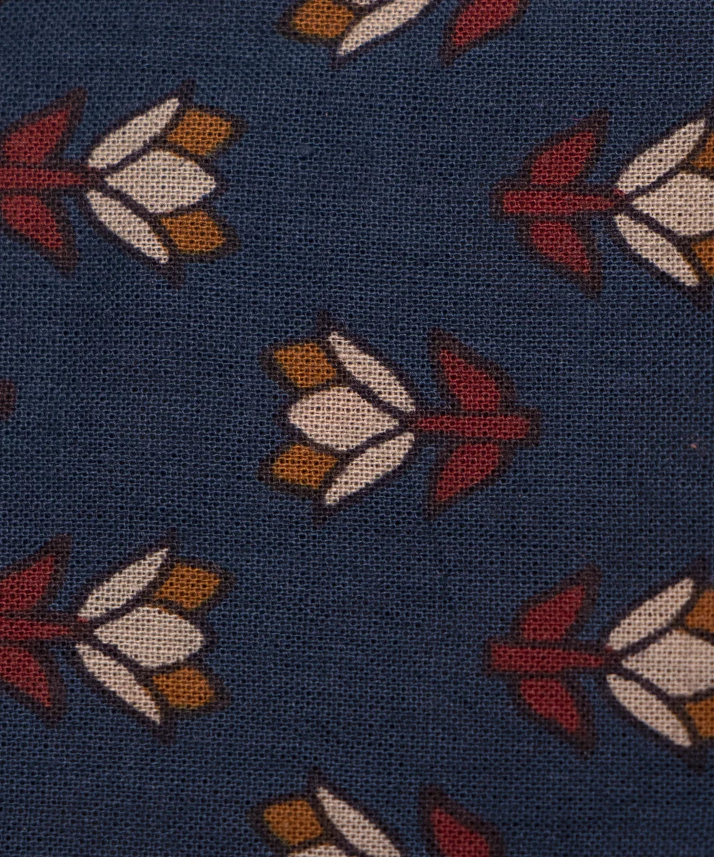 Dark Teal Blue Screen Print Floral Printed Cotton Fabric