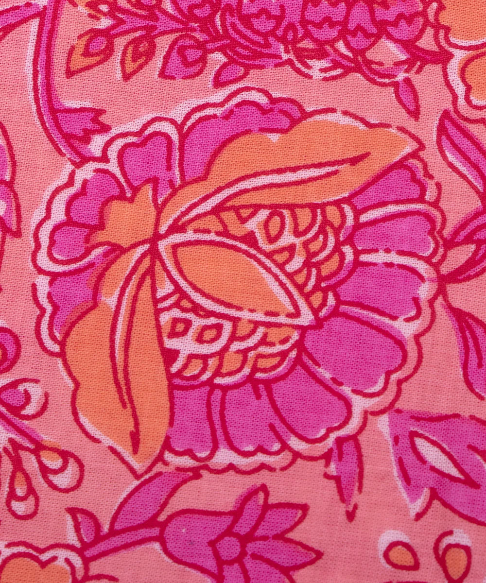 Pink Screen Print Floral Printed Cotton Fabric