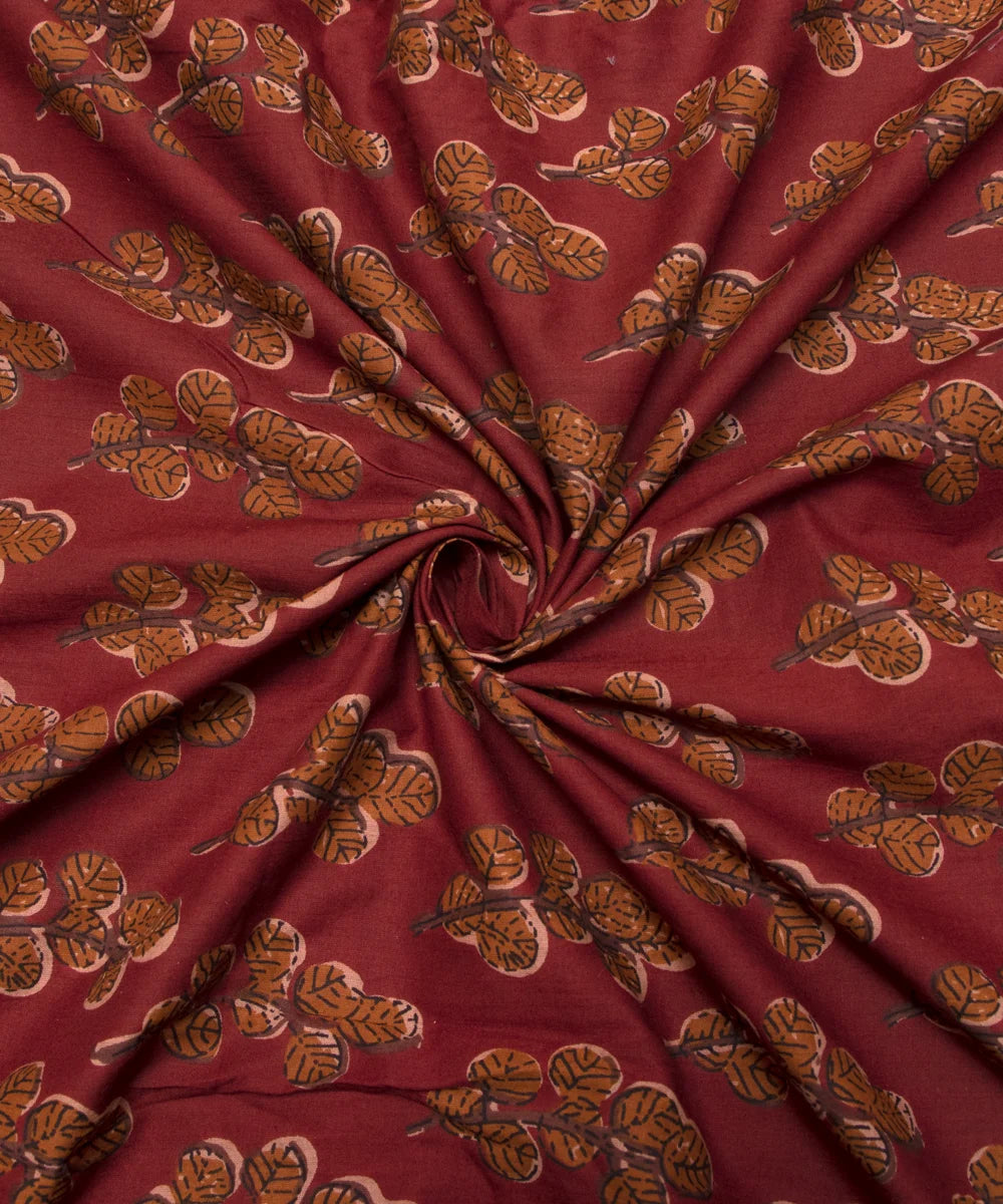 Rust Brown Screen Print Floral Printed Cotton Fabric