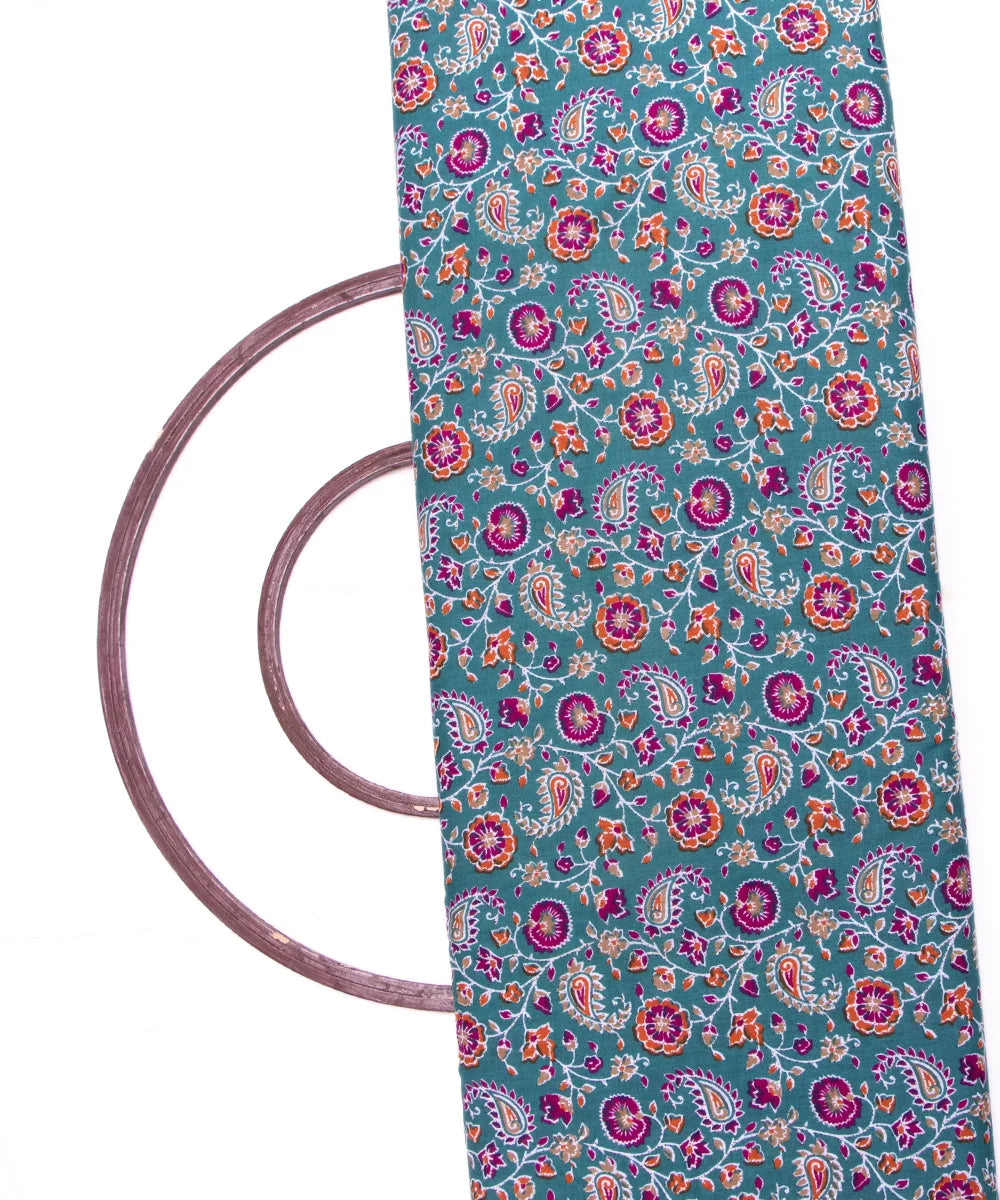 Turquoise Green Screen Print Floral Printed Cotton Fabric
