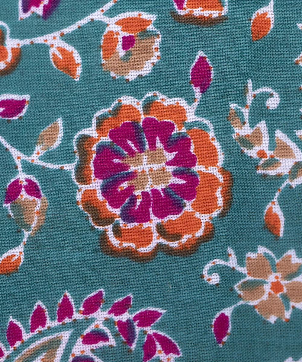 Turquoise Green Screen Print Floral Printed Cotton Fabric