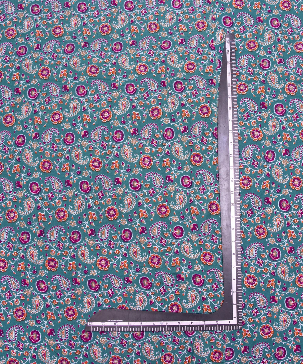 Turquoise Green Screen Print Floral Printed Cotton Fabric