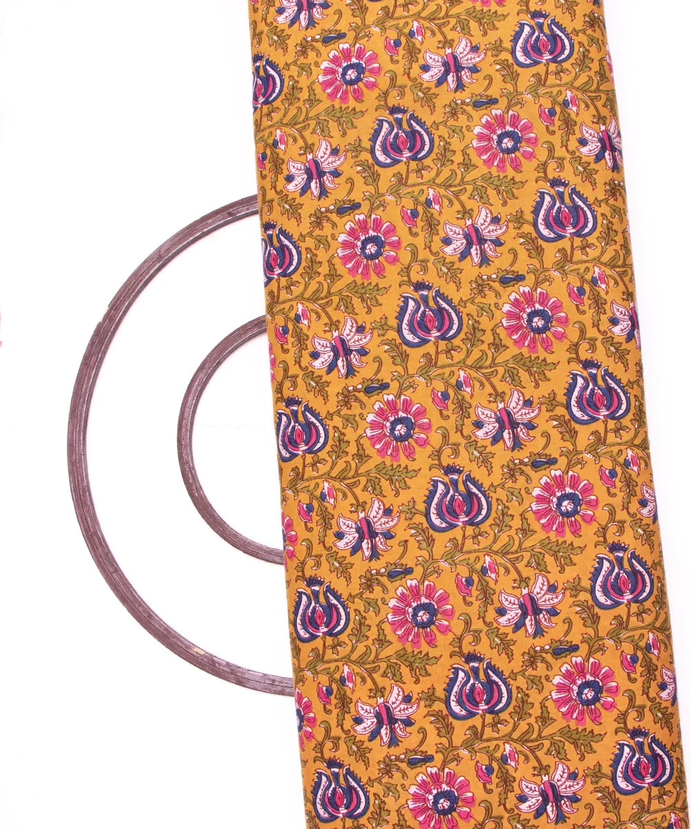 Mustard Yellow Screen Print Floral Printed Cotton Fabric