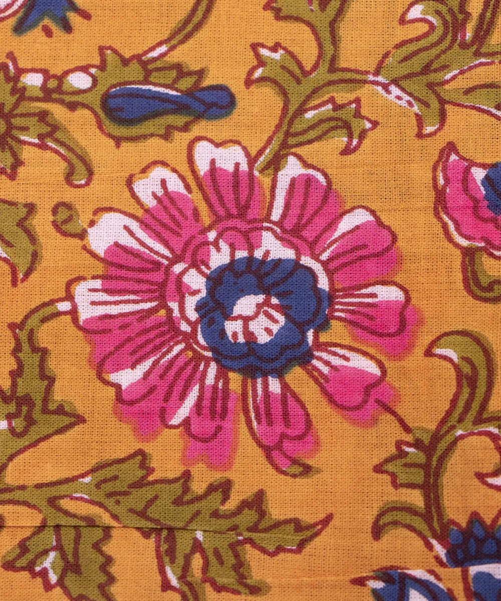Mustard Yellow Screen Print Floral Printed Cotton Fabric