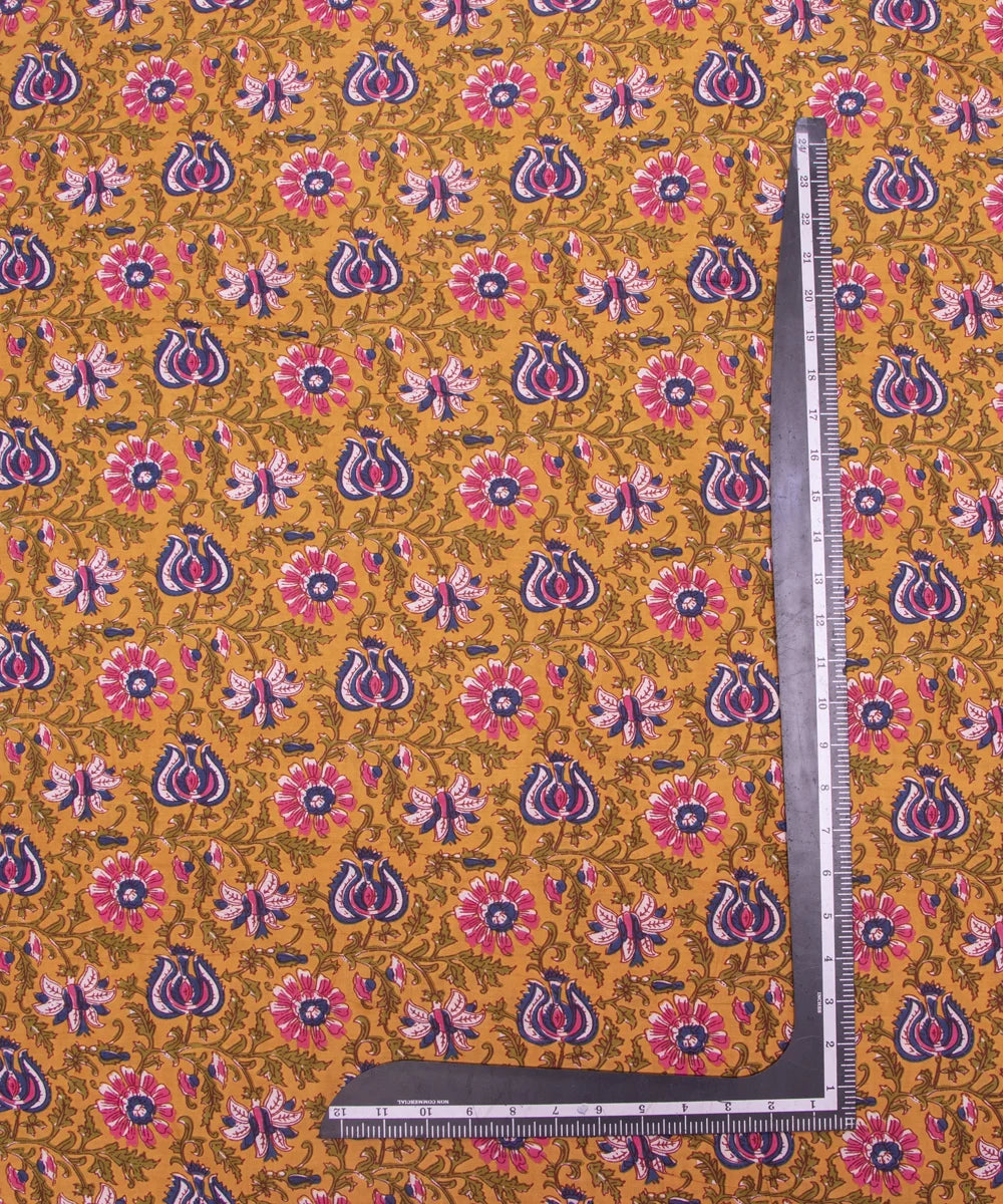Mustard Yellow Screen Print Floral Printed Cotton Fabric