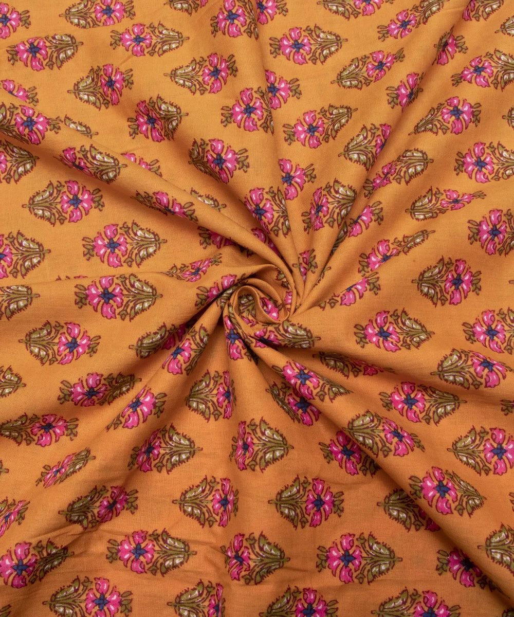Mustard Yellow Screen Print Floral Printed Cotton Fabric