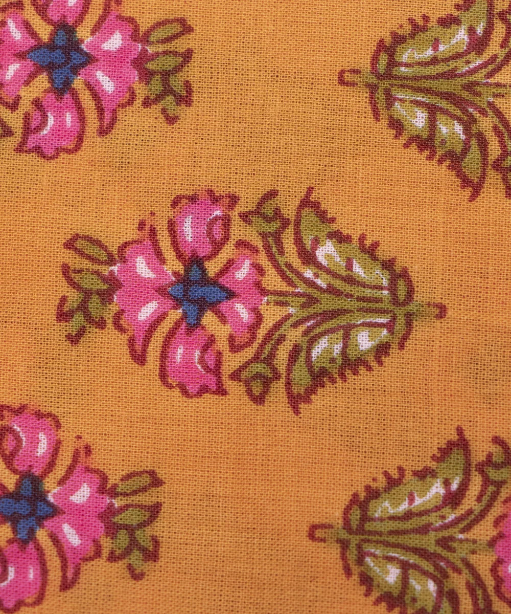 Mustard Yellow Screen Print Floral Printed Cotton Fabric