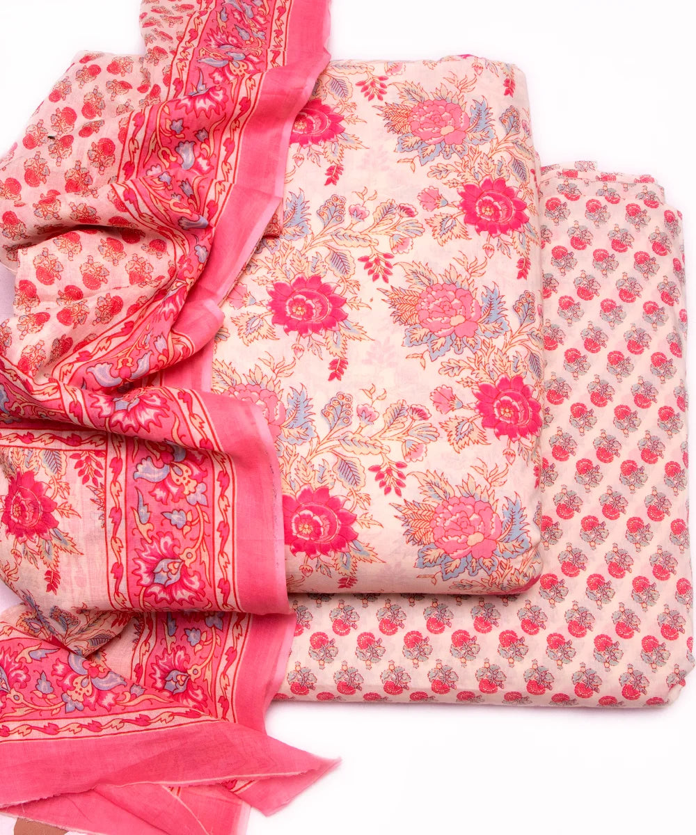 Off White Floral Printed Unstiched Cotton Suit Dress Material