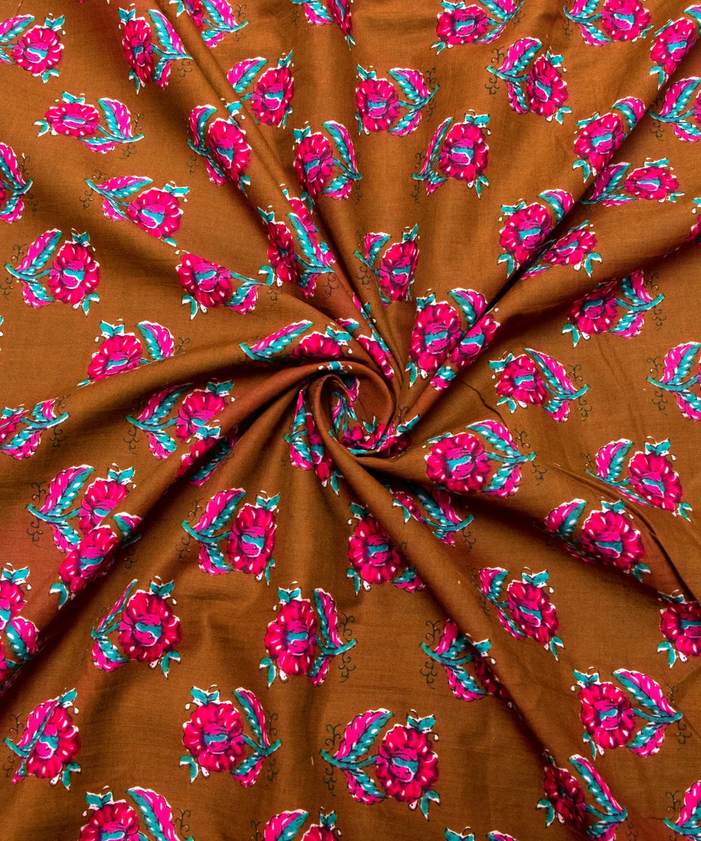 Khaki Brown Floral Printed Cotton Fabric