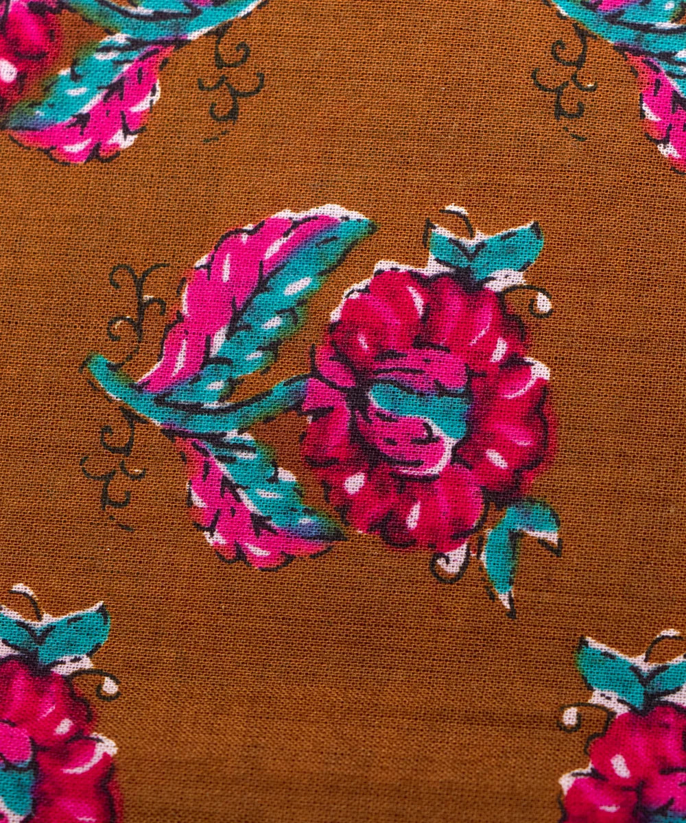 Khaki Brown Floral Printed Cotton Fabric